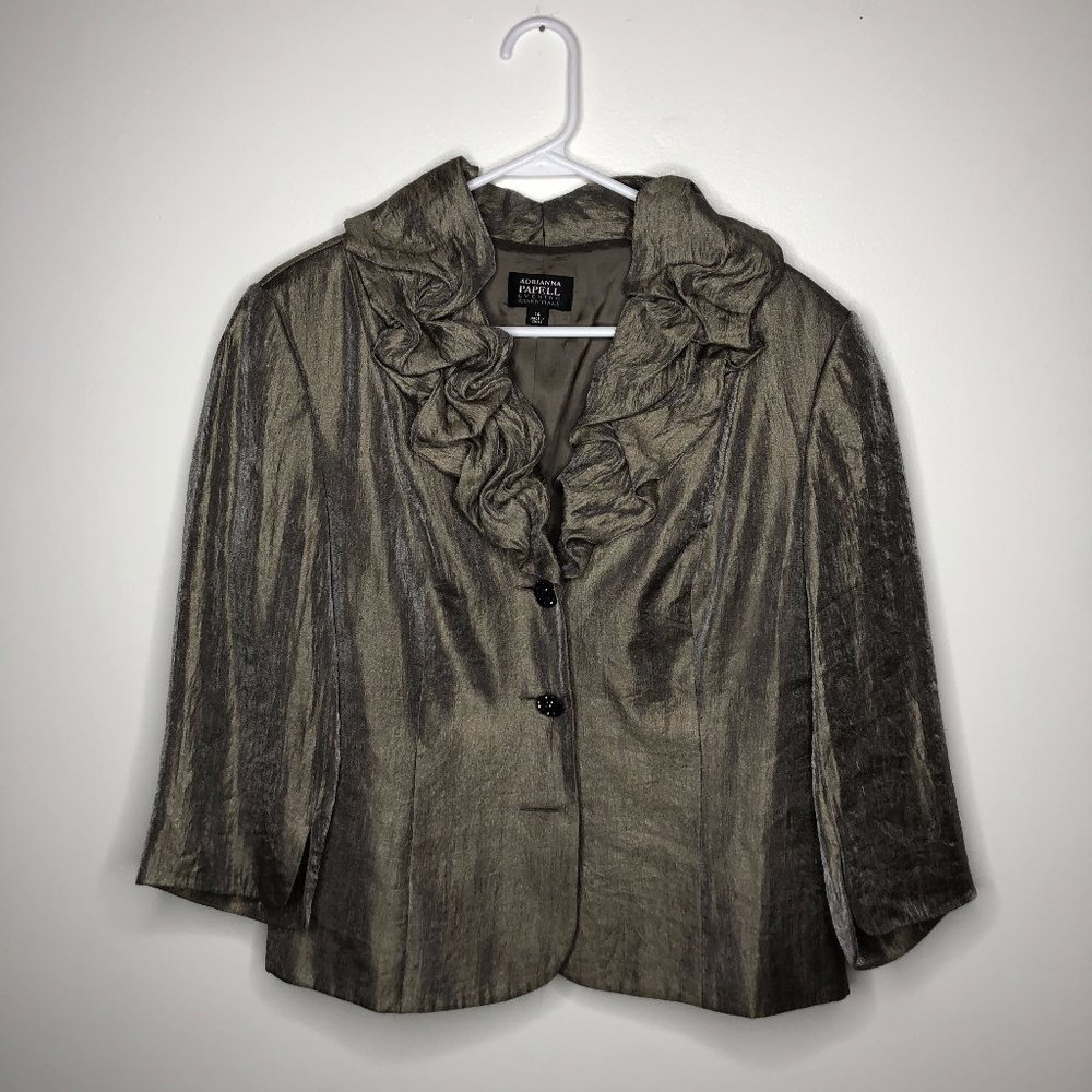 Adrianna Papell Womens Champagne Taupe And Silver Pockets Evening Jacket Size 14